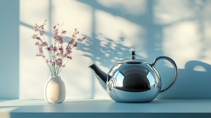 Silver teapot, flowers, window light, minimalist scene, home decor