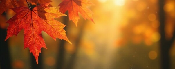 Fototapeta premium Subtle light haze with blurry autumn leaves in background , branches, soft light