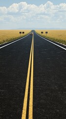 Fototapeta premium A long, straight road stretches through a golden landscape under a blue sky with clouds.