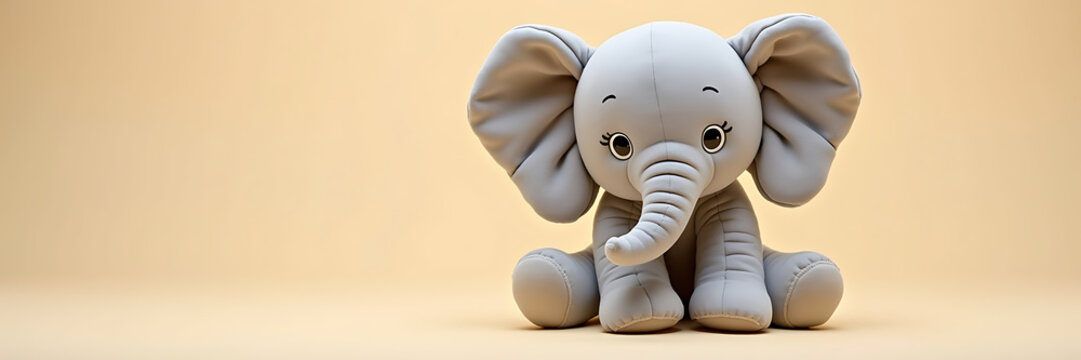 A plush soft toy elephant with floppy ears, detailed wrinkles on its fabric, and a trunk that curls playfully, capturing the gentle nature of this magnificent mammal.


