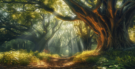 Primeval forest, sunlight in the gap, towering ancient trees, mysterious plants, mysterious atmosphere.