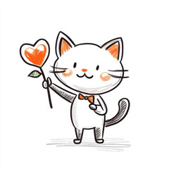 Obraz premium Cute cat illustration holding heart shaped balloon, cheerful and playful
