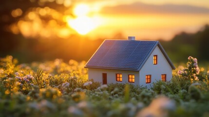 Sunset solar house model in field, eco-friendly home