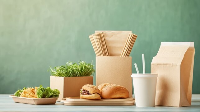 Sustainable Packaging for Food - Eco-friendly food packaging made from compostable materials, with products like takeout containers, paper bags, and reusable straws for sustainable dining