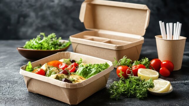 Sustainable Packaging for Food - Eco-friendly food packaging made from compostable materials, with products like takeout containers, paper bags, and reusable straws for sustainable dining