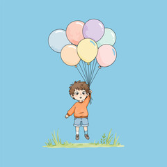 A cheerful young boy floats upwards, held aloft by a bunch of pastel-colored balloons against a light blue sky.