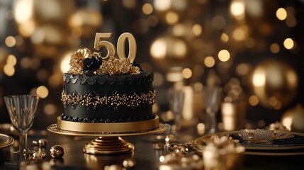 Elegant black gold 50th birthday cake, party setting, bokeh background