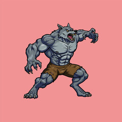Fototapeta premium A powerful muscular werewolf illustration showcasing a fierce and aggressive posture.