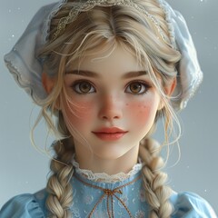 Fototapeta premium A rosy-cheeked girl with blond hair, two long braids, brown eyes.