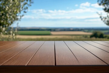 Rustic wooden table, idyllic countryside view, summer, product display
