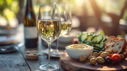 Healthy Mediterranean Breakfast Spread - A healthy Mediterranean breakfast spread with hummus, olives, cucumber, tomatoes, and whole grain bread, served on a rustic table