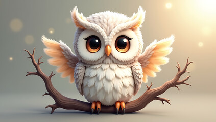 Obraz premium A charming soft toy owl with intricate feather details, large reflective eyes, and soft wings, perched on a branch accessory to create a whimsical yet realistic design.