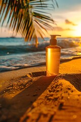 Product photography of a sunscreen bottle on the beach with a palm tree in the background. The bottle is half-buried in the sand.