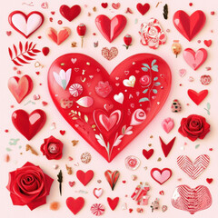 vibrant collection of red hearts, roses, and decorative elements creates romantic atmosphere. Perfect for Valentine Day or love themed projects