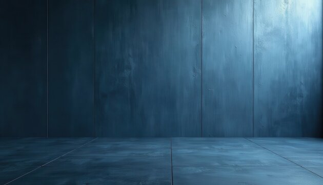 A dark steel floor with an abstract metallic blue wall for modern product shoots.