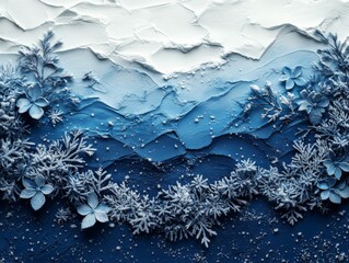 Fototapeta premium An abstract winter scene with a textured blue background reminiscent of snow-covered mountains. Delicate white flowers and frosted branches add depth and a touch of nature to the composition.