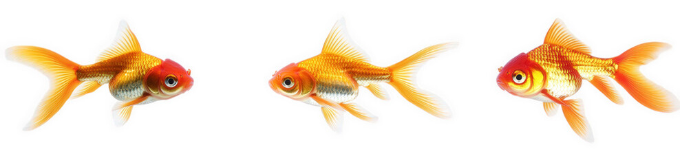 three colorful goldfish. each with vibrant orange and yellow scales. swimming in a row against a white background the design emphasizes their playful nature and beauty. making it suitable for decorati