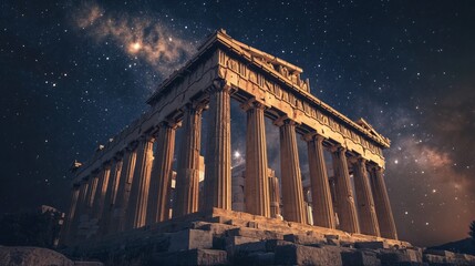 Obraz premium Ancient Greek temple under a starry night sky.