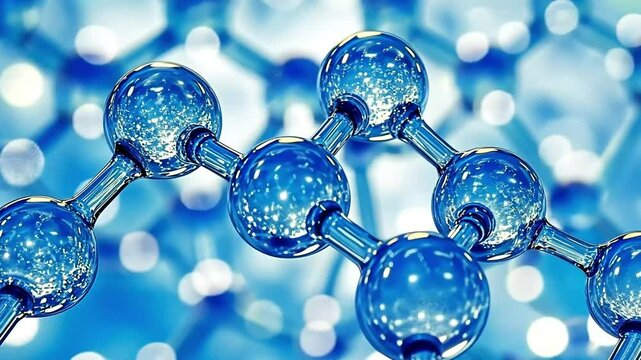 A close up view shows interconnected, shiny blue spheres, possibly depicting molecules or a chemical structure.