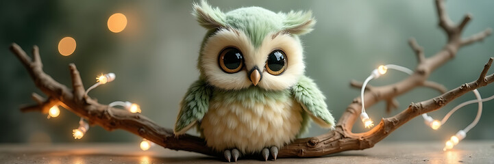 Obraz premium A charming soft toy owl with intricate feather details, large reflective eyes, and soft wings, perched on a branch accessory to create a whimsical yet realistic design.