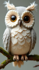 Fototapeta premium A charming soft toy owl with intricate feather details, large reflective eyes, and soft wings, perched on a branch accessory to create a whimsical yet realistic design.