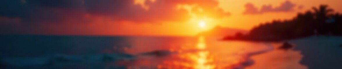 Blurred sunset, shimmering water, bokeh lights, tropical vibe, holiday, bright