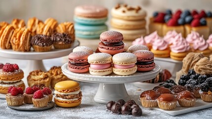Assorted pastries displayed on cake stands, dessert buffet, kitchen setting, food photography