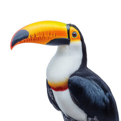 vibrant toucan with a striking yellow and black beak. showcasing its colorful plumage against a clean white background the focus is on the bird's head and upper body. highlighting its unique features
