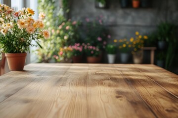 Empty wooden table with flowers in the pots and blur grey wall in the background. Natural light. Generative Ai