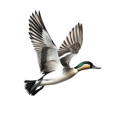 Obraz premium a flying duck. showcasing its detailed plumage and dynamic wing position the bird is captured in mid-flight against a plain background. emphasizing its graceful movement and natural beauty this illust