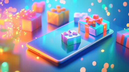 3D phone with colorful wrapped gifts and glowing icons, highlighting the convenience of e-commerce, on a festive background.