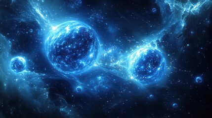 Glowing cosmic bodies collide in nebula; space backdrop
