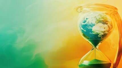 A close-up of an hourglass with Earth imagery inside, representing the delicate balance of time and environmental conservation, isolated on a soft gradient background.