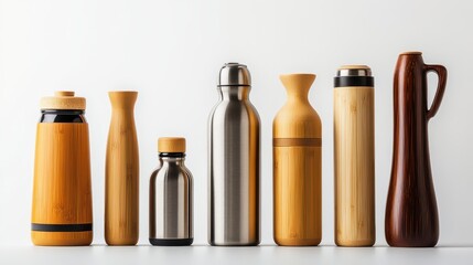 Sustainable Water Bottles in Different Designs - A collection of sustainable water bottles made from stainless steel and bamboo, with various designs, displayed on a white background