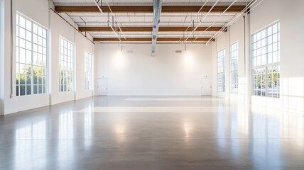 A vast, dimly lit empty studio space with tall ceilings, evoking a sense of creativity and endless possibilities.