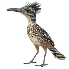 stylized depiction of a bird resembling a roadrunner. characterized by its distinctive feathers. long beak. and vibrant colors the bird stands upright. showcasing its unique features against a plain b