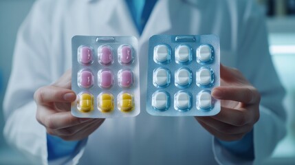 A pharmacist compares medicine packs analyzing options in a pharmacy drugstore