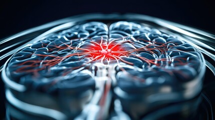Obraz premium A close-up view of a brain with glowing neural pathways, emphasizing a central point of light, representing brain activity or neurobiology.