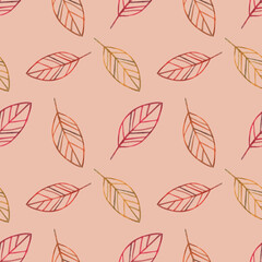 Autumn seamless pattern of leaves. Botanical watercolor illustration. Hand drawn isolated art. Colorful background of nature element for seasonal holidays, festivals. Thanksgiving
