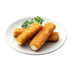 plate with three crispy. golden-brown cheese sticks. garnished with a sprig of parsley the cheese sticks are breaded and fried. showcasing a delicious. appetizing appearance that highlights their crun