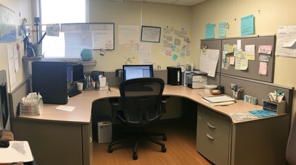 Small office cubicle, functional and organized with personal touches, 