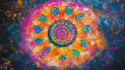 A kaleidoscope effect created using vibrant Holi powders in intricate symmetrical patterns on a flat surface