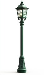 Elegant green street lamp post with ornate base and caged lantern, isolated on white.