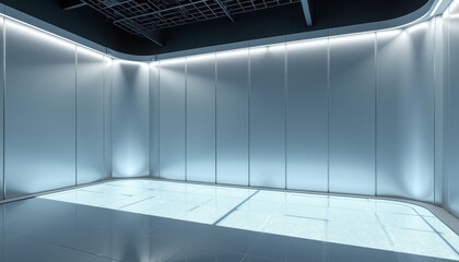 Obraz premium A frosted glass floor with a metallic silver wall for futuristic product displays.