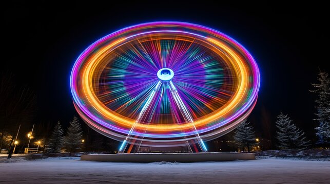 Vibrant Ferris wheel light trails at night.