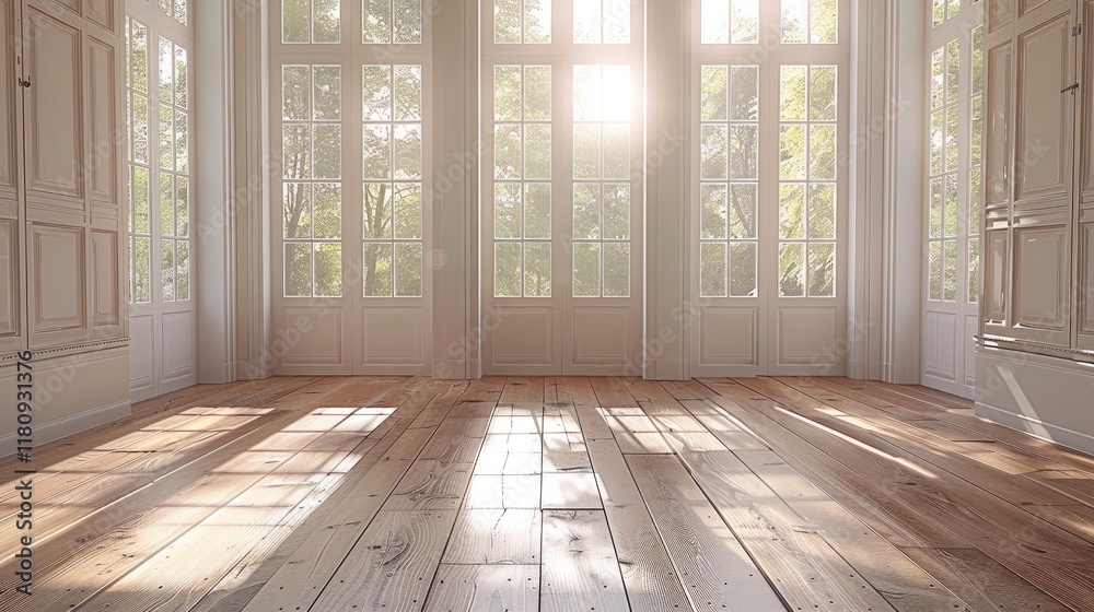 Poster empty room with wood flooring and windows that open.