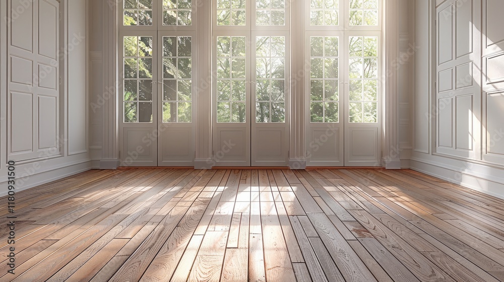 Poster empty room with wood flooring and windows that open.