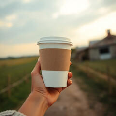 Person holding blank takeaway coffee cup. 
