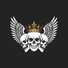 A graphic illustration depicts three skulls wearing a golden crown flanked by large wings against a black background.