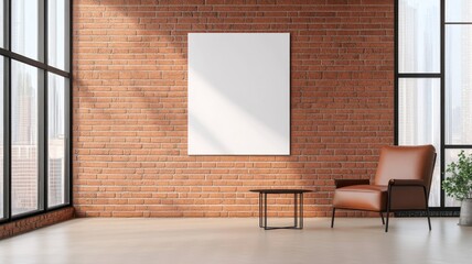 Vertical poster displayed on a textured brick wall, flanked by two sleek black metal structures.